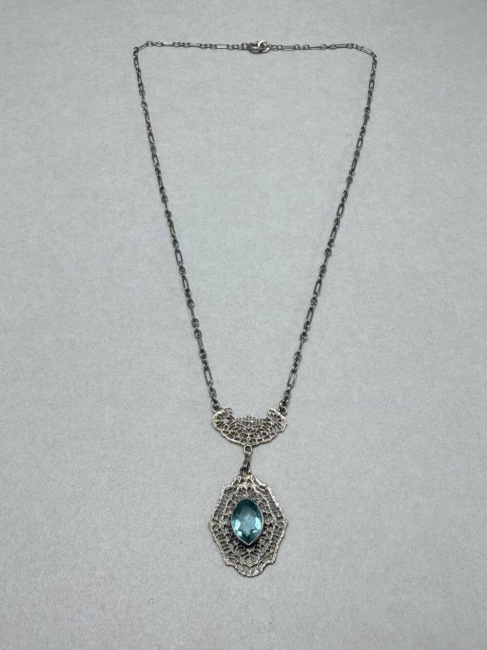 Vintage Stunning ArtDeco Signed Necklace Blue Stone Filigree Vintage Statement